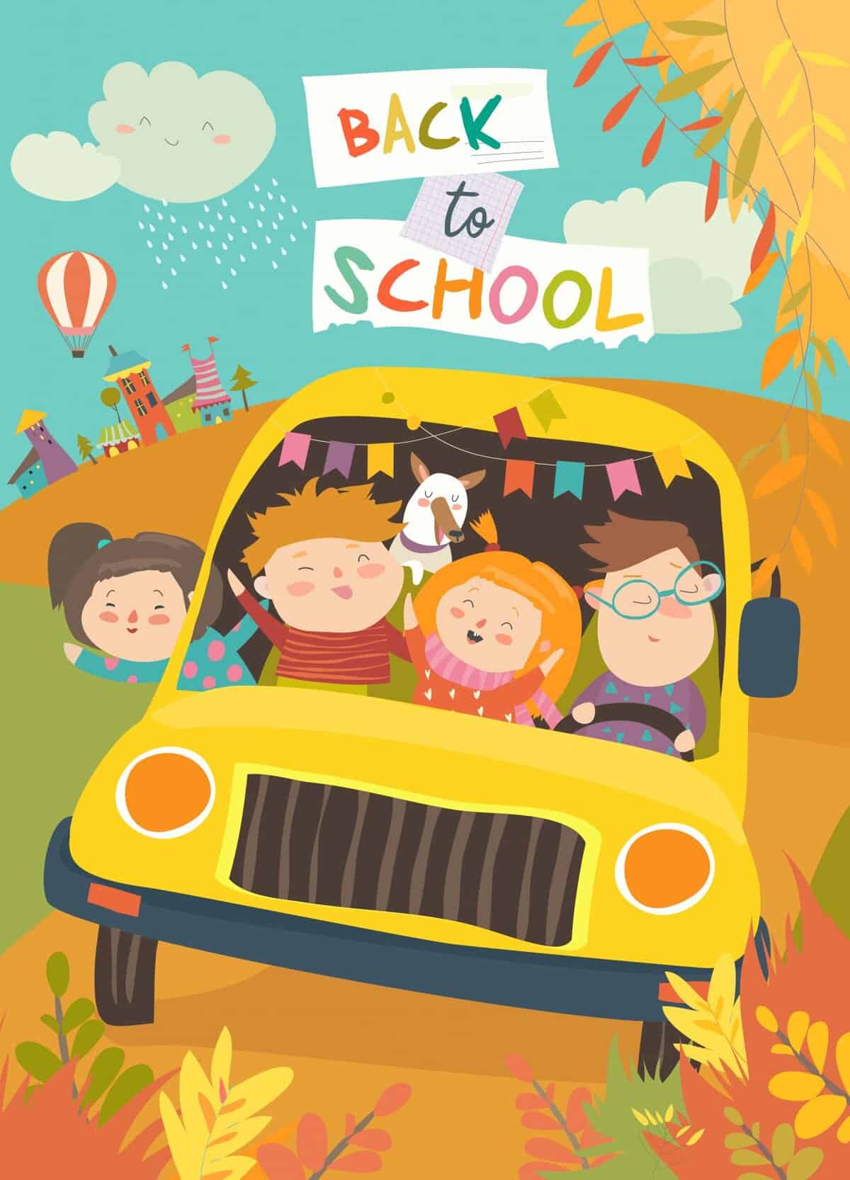 Illustration of four happy children riding a yellow school bus with colorful flags, autumn leaves, and &ldquo;Back to School&rdquo; sign above. Perfect for public relations campaigns or social media trends with a hot air balloon, raining cloud, and cozy town in the background.