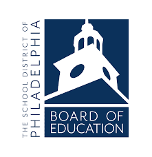 Logo of the School District of Philadelphia Board of Education, featuring a white building with a cupola on a blue background—an emblem reflecting strong public relations and enhanced media coverage, with text on the left and bottom.