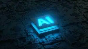 AI has taken over A glowing blue AI symbol sits atop a square platform, surrounded by a dark, circuit-like backdrop resembling a computer motherboard—a fitting nod to the dynamic world of social media trends.