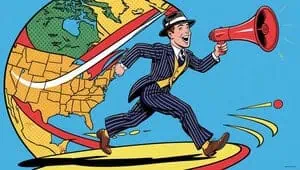 A cartoon man in a pinstripe suit and hat runs while holding a red megaphone, with a vibrant map of North America behind him and colorful motion lines suggesting the energy of news media.