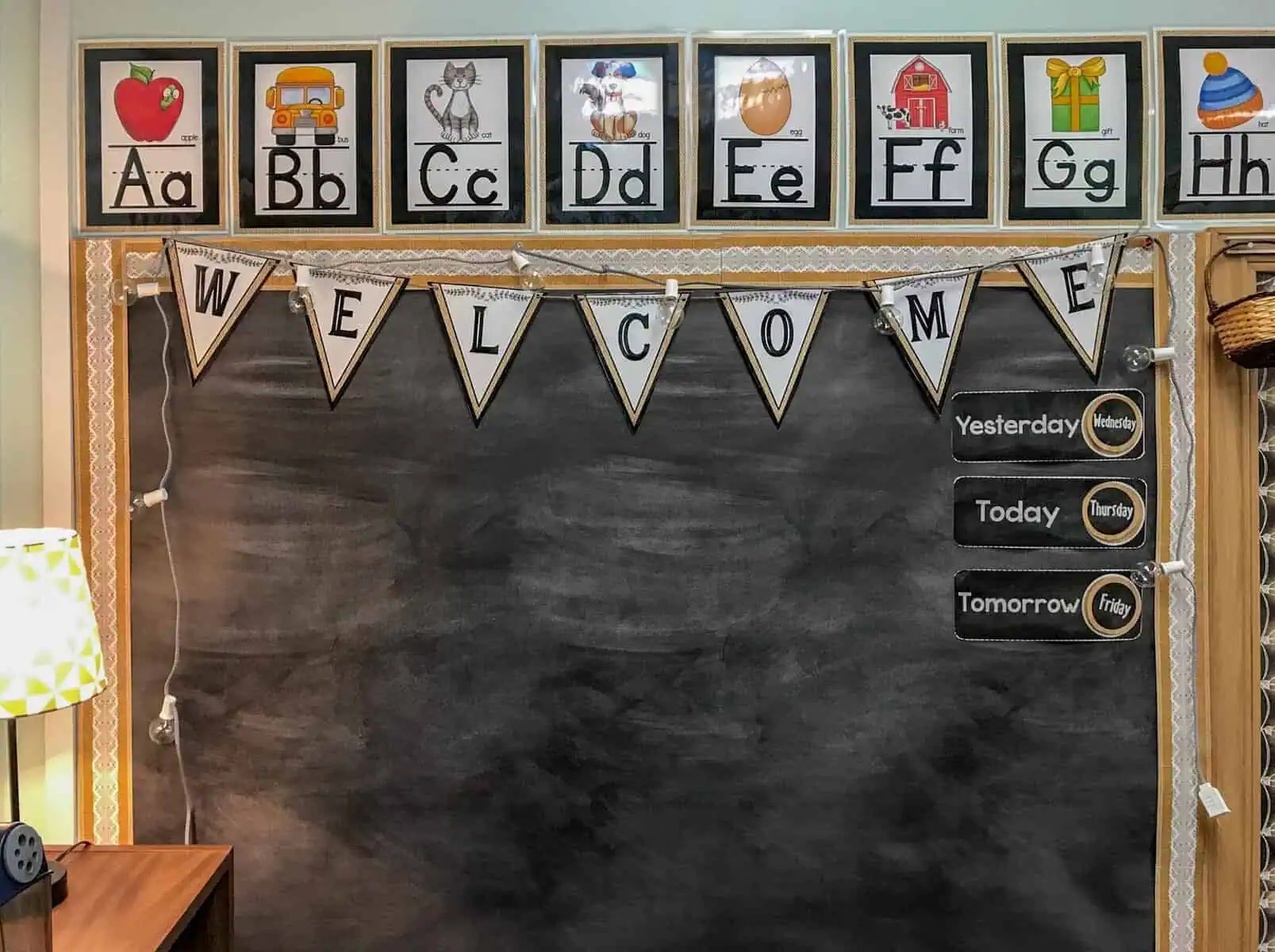 A classroom blackboard decorated with a WELCOME banner, alphabet cards with pictures above, and three signs on the right labeled Yesterday, Today, and Tomorrow highlights the importance of communication—an essential skill in public relations.