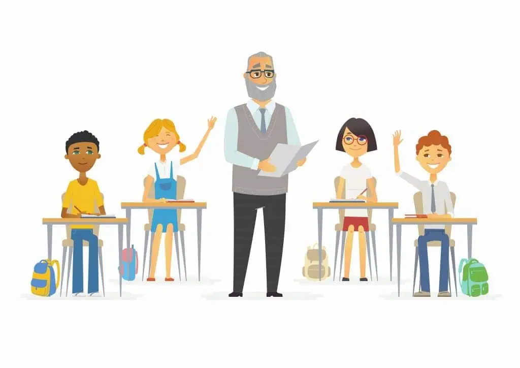 Illustration of a teacher standing and holding papers in front of four students at desks; two students have their hands raised, backpacks beside them—perfect for education-related marketing or media coverage by Philly PR Girl.