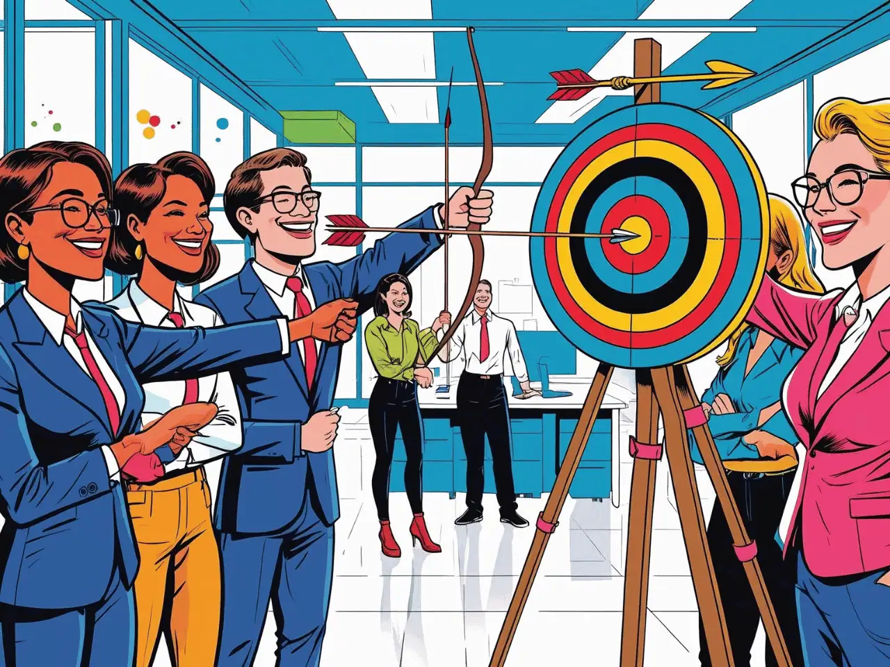 A group of cheerful businesspeople in suits aim arrows at a bullseye target in a bright office, celebrating a successful shot while colleagues watch and smile—capturing the perfect social media moment.