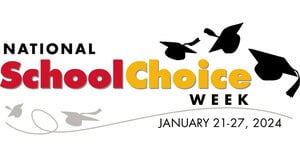 National School Choice Week logo featuring three black graduation caps in the air, bold red and yellow text, and event dates January 21-27, 2024 beneath a swooping gray line&mdash;a great image for news media or public relations marketing.