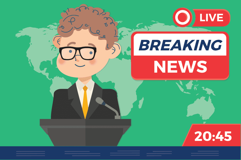 Illustration of a news anchor with curly hair and glasses at a podium, presenting breaking news. A LIVE and BREAKING NEWS banner highlights timely media coverage, with a world map in the background and the time 20:45 shown.