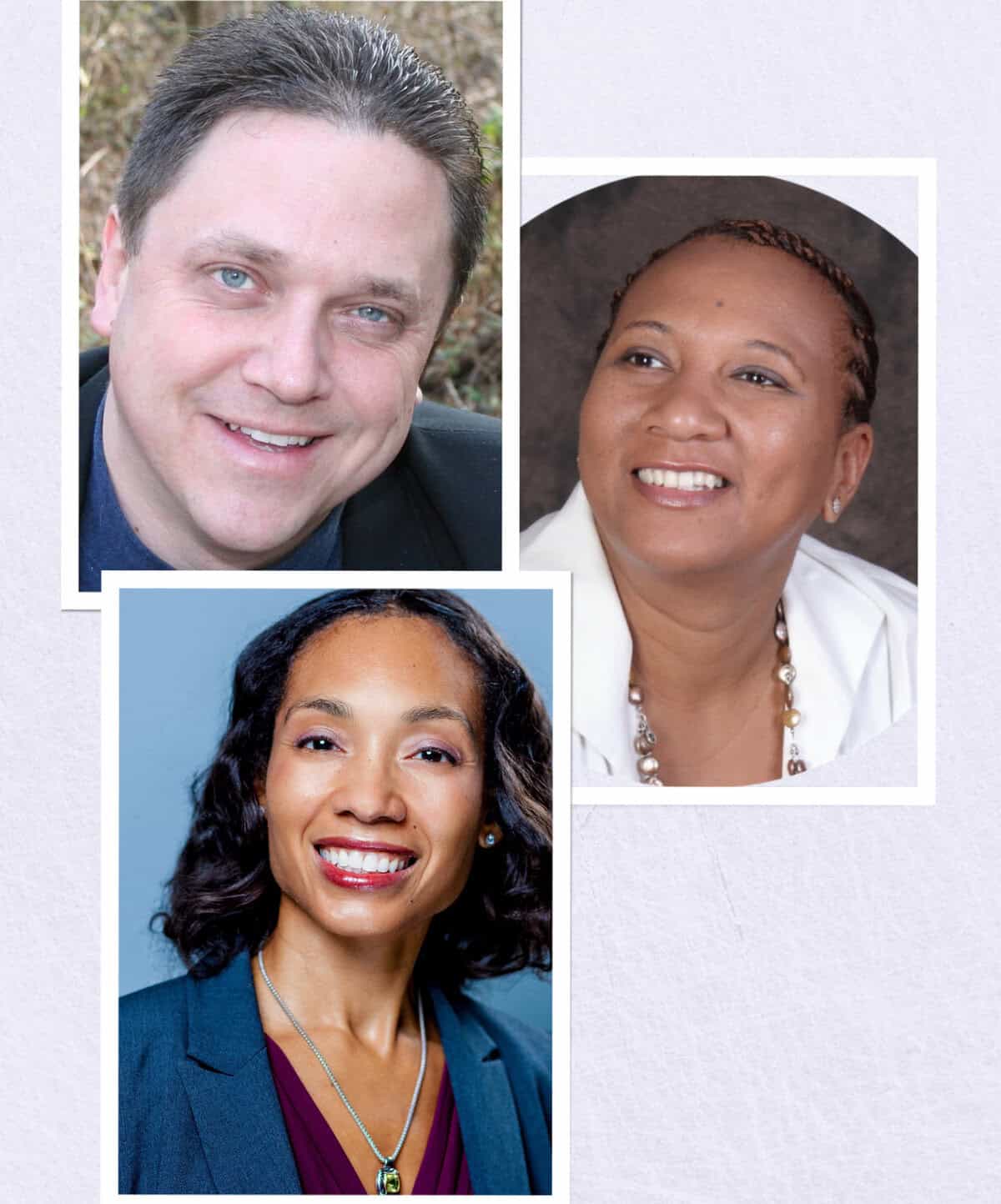 A collage of three people smiling&mdash;a man with short brown hair, a woman with braids in a white top, and a woman with long dark hair in a teal blazer&mdash;capturing the spirit of today&rsquo;s marketing and social media trends against a vibrant blue background.