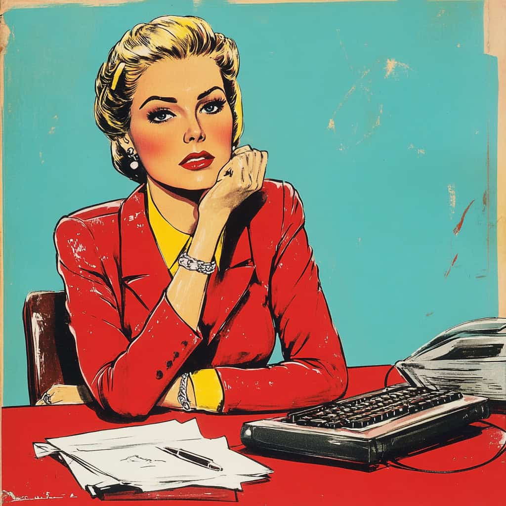 A woman in a red suit sits at a desk with papers and a typewriter, resting her chin on her hand, against a teal background in a pop art style, capturing the essence of media coverage and the flair of a true Philly PR Girl.