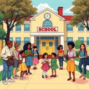 Children and parents stand together outside a yellow school building with a clock and a red SCHOOL sign, capturing the lively first day for social media trends. The welcoming atmosphere is enhanced by trees framing the scene.