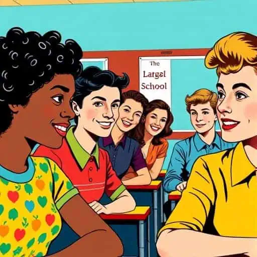 A diverse group of smiling students sit at desks in a classroom, chatting happily. A sign on the back wall reads The Largest School in red letters. The atmosphere is lively and friendly, reflecting current social media trends in education.