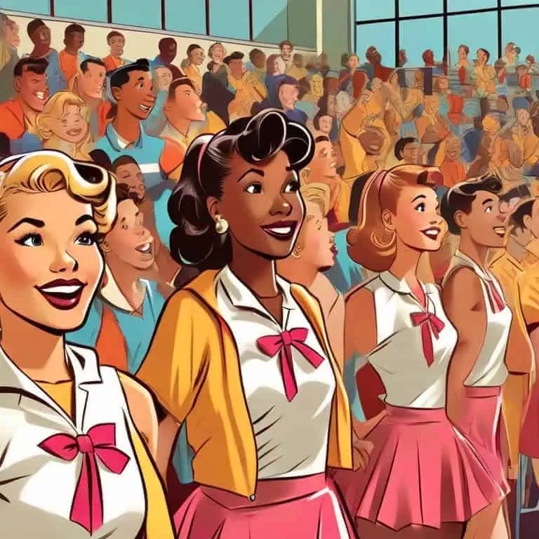 Smiling cheerleaders in pink skirts and white tops stand before a lively, diverse crowd in a bright indoor arena, capturing the cheerful spirit and energy often seen in current social media trends.
