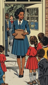 At a school entrance, a woman in a blue dress—resembling a true philly pr girl—stands at an open door holding folders, greeting young children in red uniforms, while adults watch from behind.