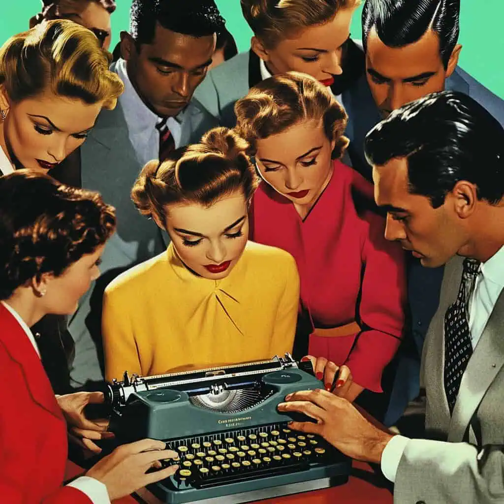 A group of well-dressed men and women from the 1950s gather closely around a vintage typewriter, intently watching one woman as she types, all appearing focused—like a brainstorm session on marketing strategies.
