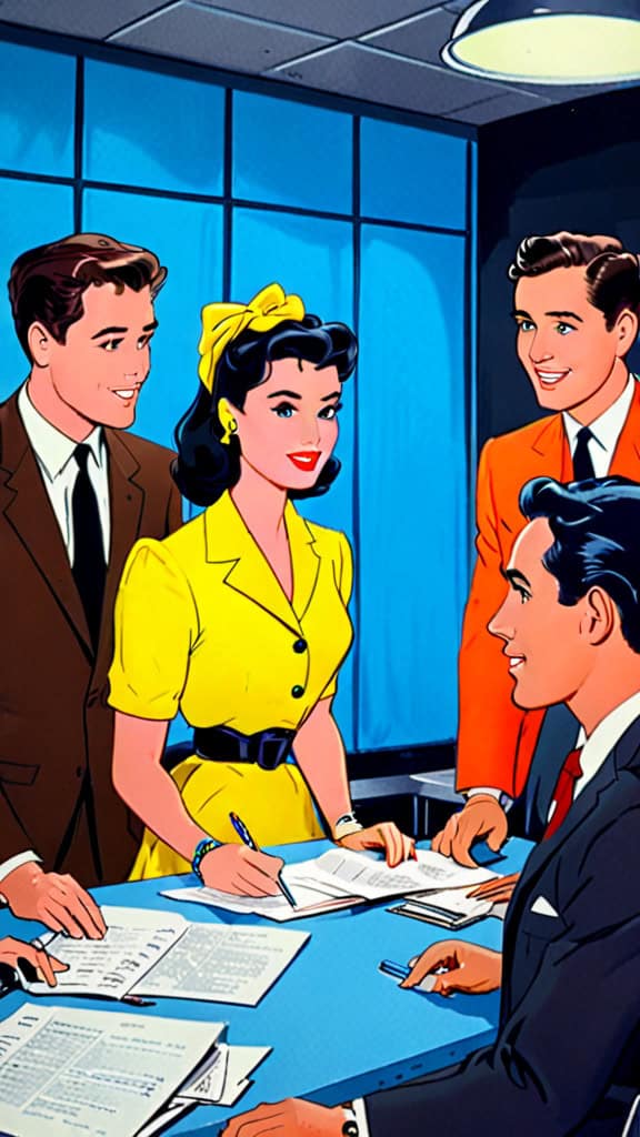 A retro-style illustration of three men and one woman in business attire gathered around a table, smiling and discussing news media coverage in a brightly lit office setting.