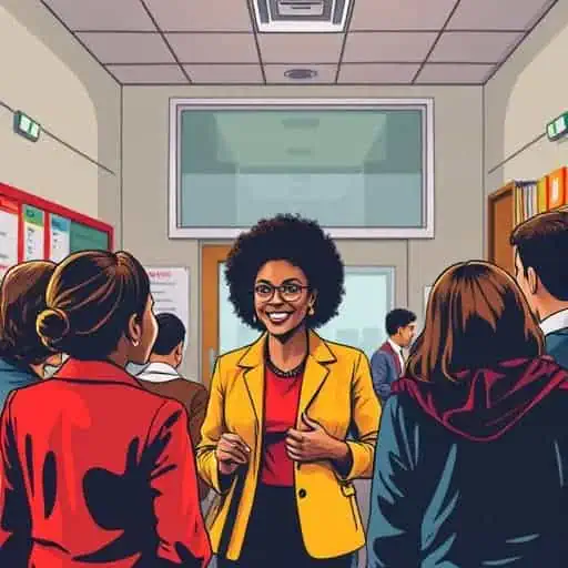 A woman in a yellow blazer, likely a Philly PR Girl, is smiling and speaking to a group in a hallway with bulletin boards and overhead lights. The group listens attentively, suggesting a discussion about public relations or social media trends.