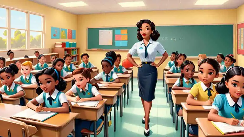 A teacher stands confidently at the front of a bright classroom, smiling at her diverse group of attentive students, who are sitting at their desks and writing in notebooks, eager to learn about current social media trends.