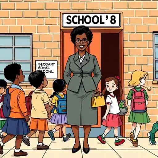A smiling teacher stands at the entrance of a brick school as a group of diverse young children with backpacks walk inside, while news media capture the moment beneath a sign that reads “School 8.”.