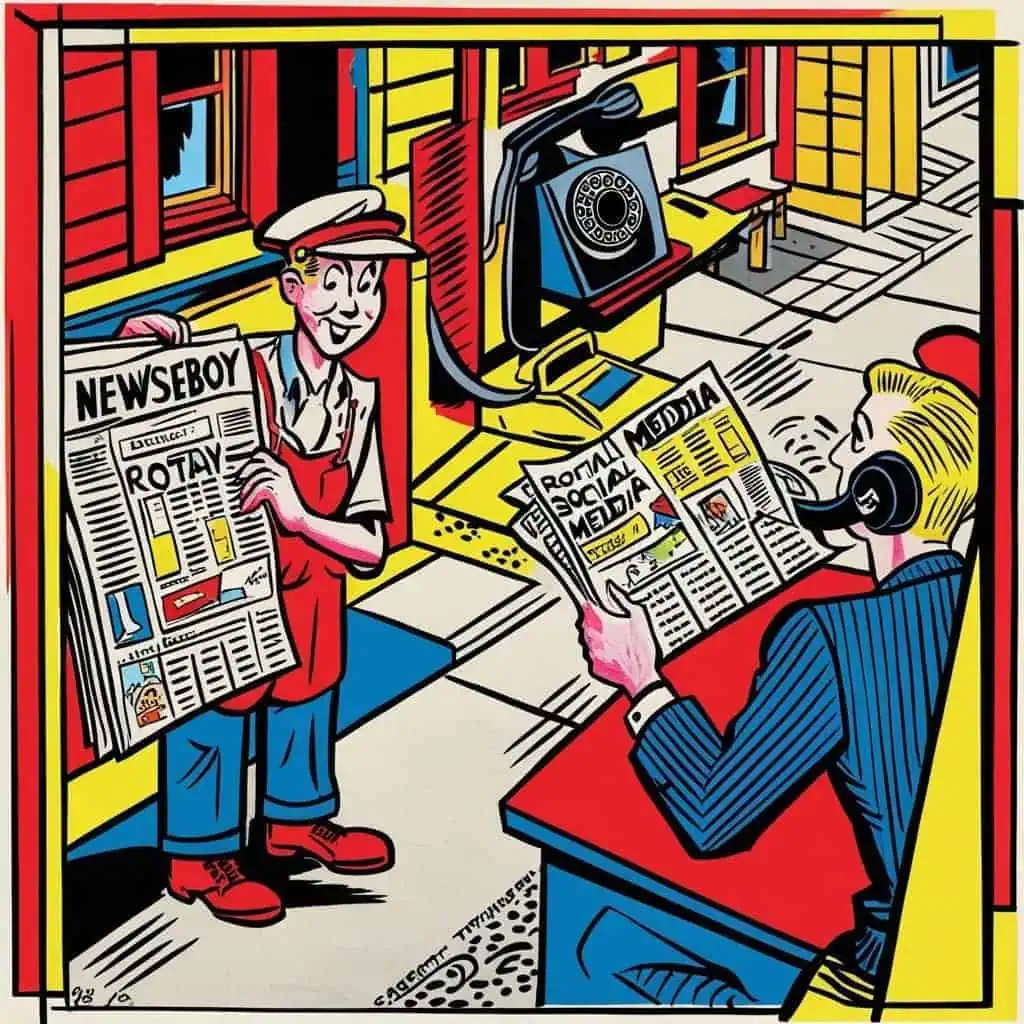 A cartoon-style image of a smiling newsboy holding up a newspaper outside, while a man indoors at a desk reads the news media and speaks into a rotary phone. The scene is colorful with red, yellow, and blue tones.