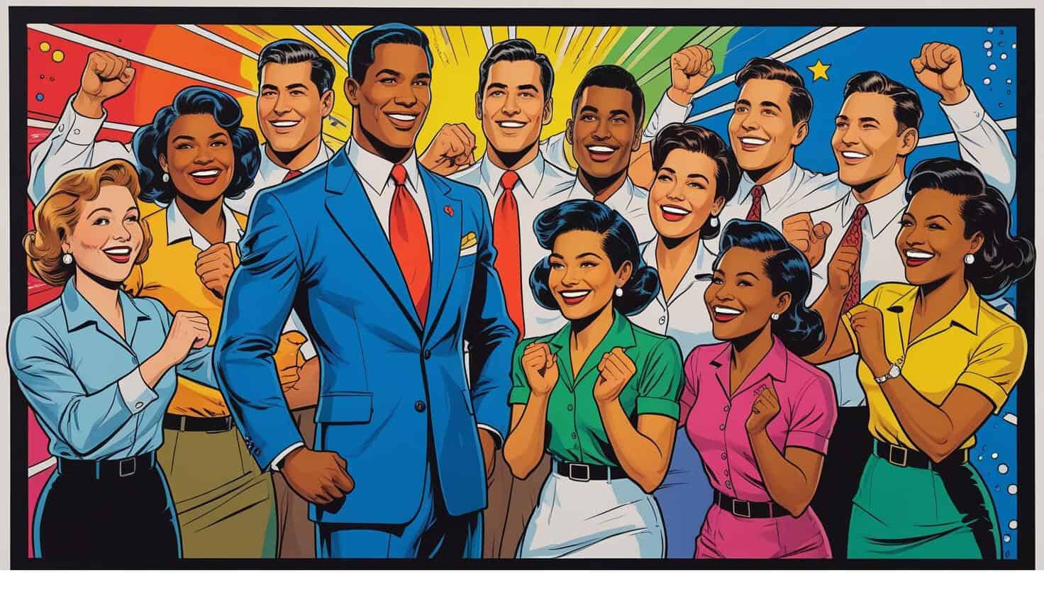 A diverse group of smiling men and women in colorful 1950s-style clothing stand together with raised fists, radiating positivity and unity against a vibrant, rainbow-like background—perfect for capturing today’s social media trends.