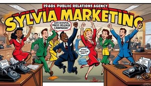 Retro comic-style illustration of six jubilant office workers in colorful 1940s outfits jumping in celebration at a busy public relations agency, with speech bubbles cheering a successful press release campaign that made waves in the news media.