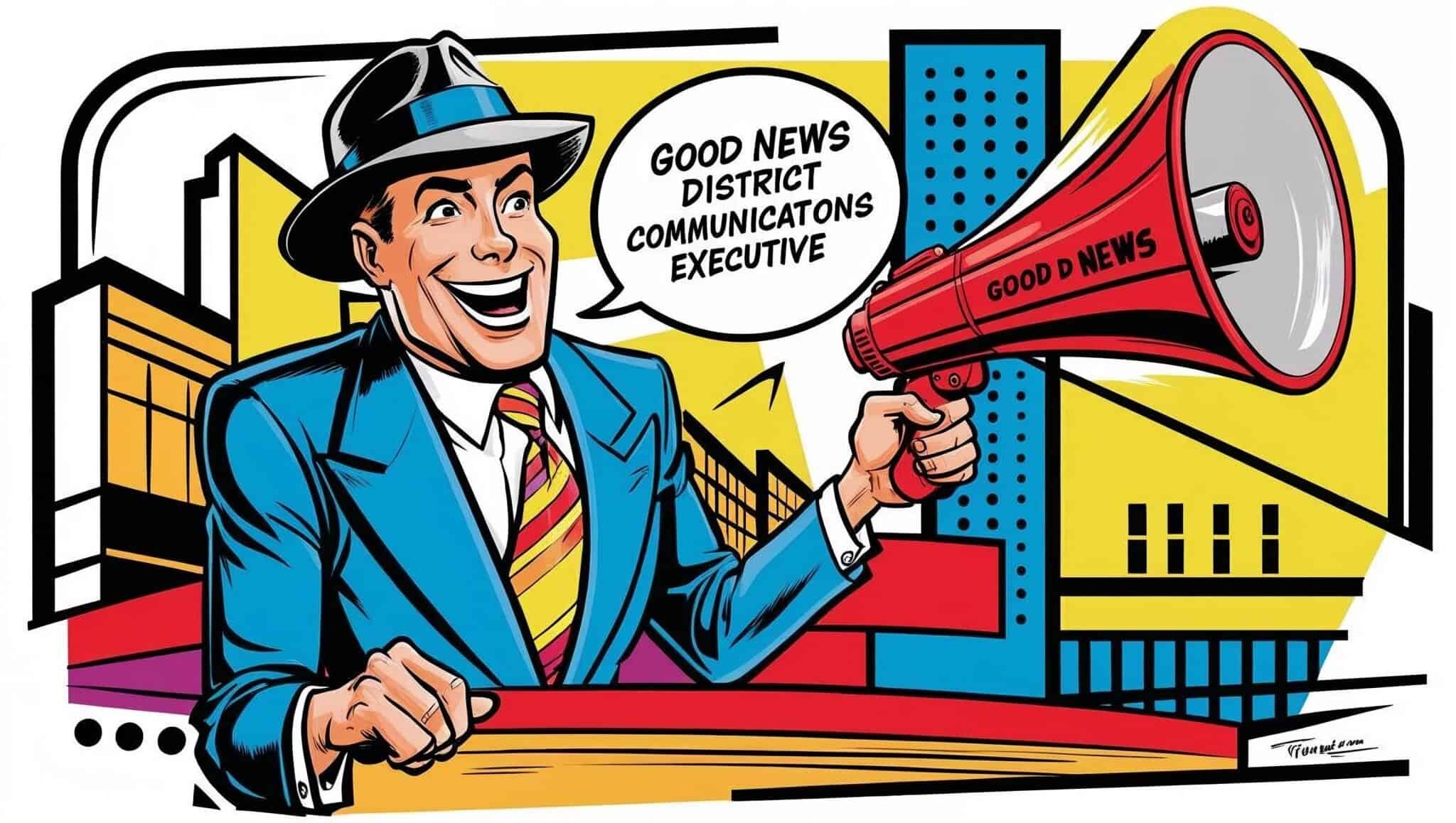 A cartoon man in a suit and hat smiles while holding a red megaphone that says GOOD NEWS. A speech bubble reads, GOOD NEWS DISTRICT COMMUNICATIONS EXECUTIVE. Bright, colorful cityscape evokes a public relations pro announcing media coverage.