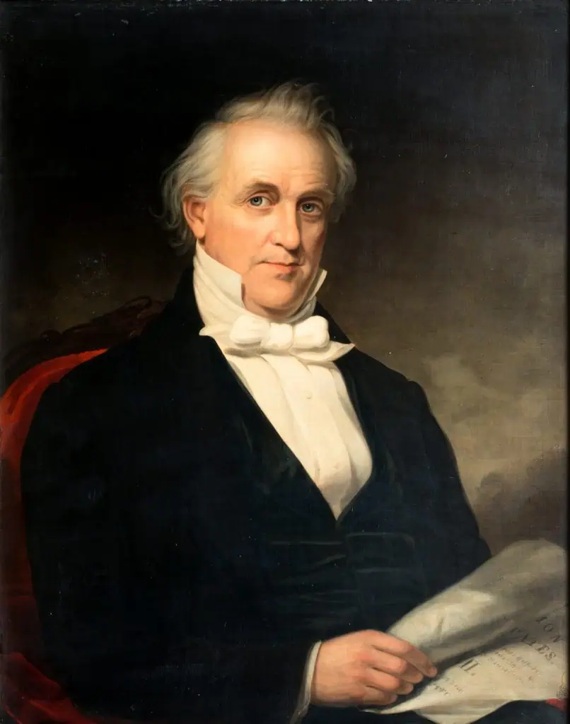 A formal portrait painting of an older man with gray hair, wearing a black coat, white shirt, and white cravat, seated and holding a folded document—perhaps news media—against a dark background.