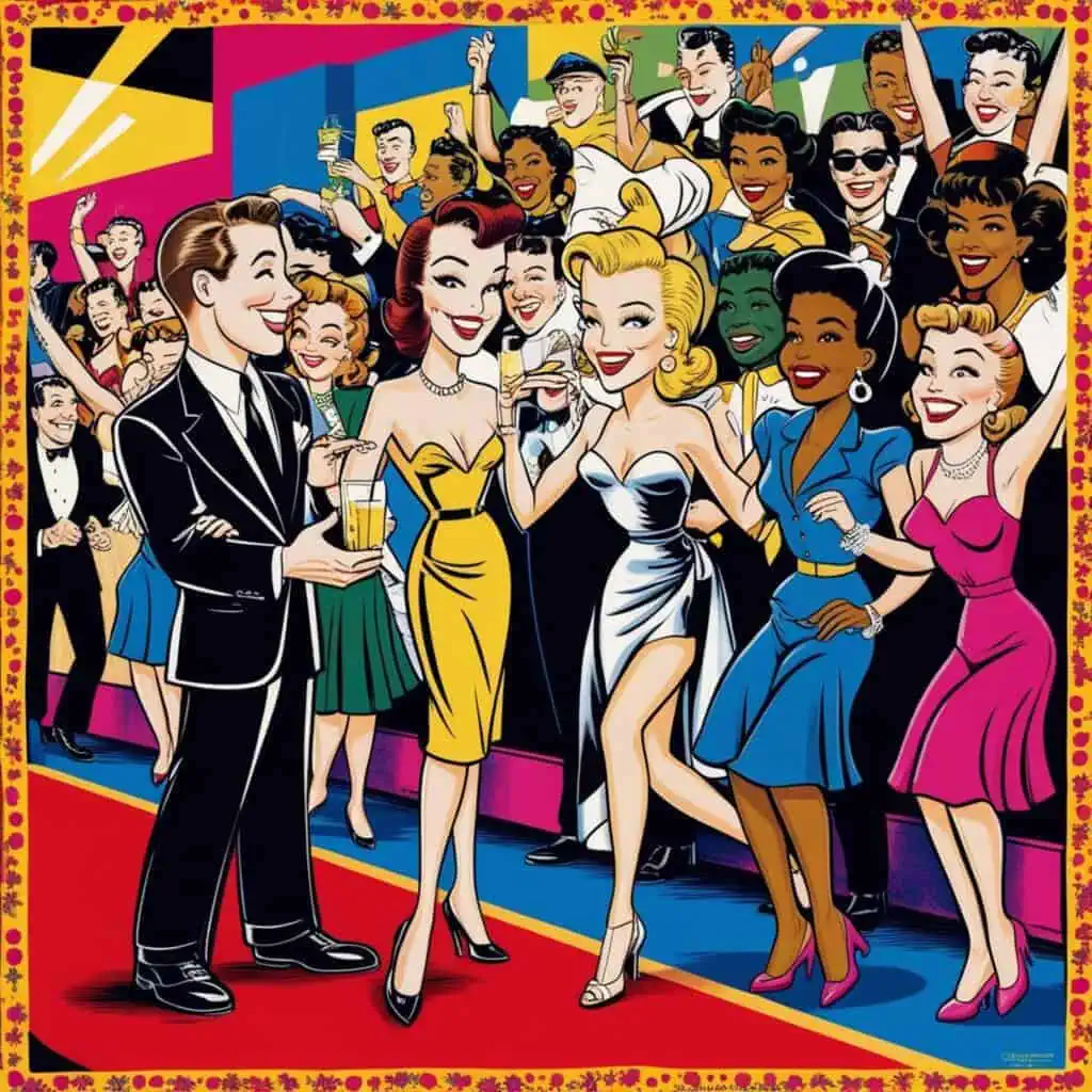 A vibrant, retro-style illustration shows glamorous women in elegant dresses and a man in a suit on a red carpet, smiling and holding drinks—capturing the excitement of news media and marketing, with Philly PR Girl flair, amid a cheering 1950s crowd.