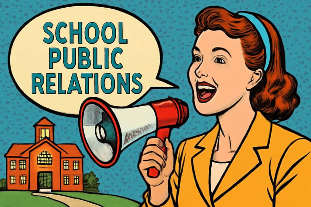A woman in a yellow blazer holds a megaphone and smiles, with a speech bubble saying SCHOOL PUBLIC RELATIONS. A school building is in the background, highlighting media coverage in a retro pop art style.
