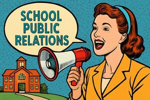 A woman in a yellow blazer holds a megaphone and smiles, with a speech bubble saying SCHOOL PUBLIC RELATIONS. A school building is in the background, highlighting media coverage in a retro pop art style.