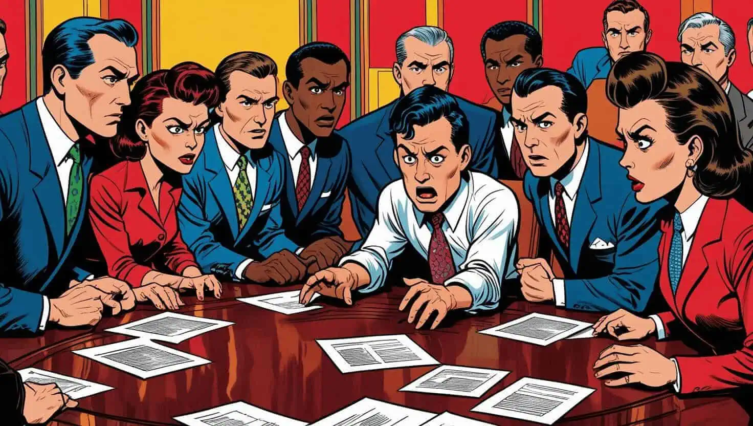 A group of men and women in business attire sit around a table, looking shocked and intense as they examine documents, as if reacting to breaking news media coverage, depicted in a colorful comic book style.