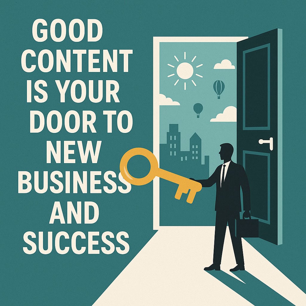Illustration of a person holding a large key, standing by an open door with sunlight and cityscape outside. Text reads, &ldquo;Good content is your door to new business and success&mdash;unlock media coverage and marketing opportunities.&rdquo;.