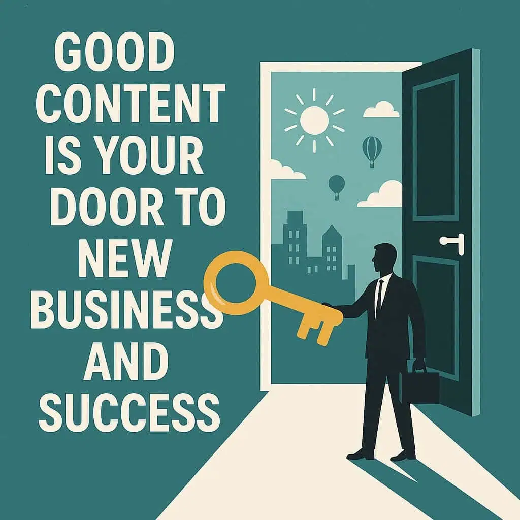 Illustration of a person holding a large key, standing by an open door with sunlight and cityscape outside. Text reads, “Good content is your door to new business and success—unlock media coverage and marketing opportunities.”.
