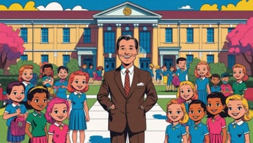A smiling man in a suit stands in front of a large school building, surrounded by happy children and teachers, as school news crews capture the cheerful outdoor scene beneath pink blossoming trees on a sunny day.