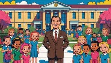A smiling man in a suit stands in front of a large school building, surrounded by happy children and teachers, as school news crews capture the cheerful outdoor scene beneath pink blossoming trees on a sunny day.