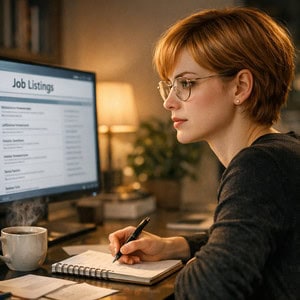 Woman reviewing job listings on computer, emphasizing cautious job seeking.