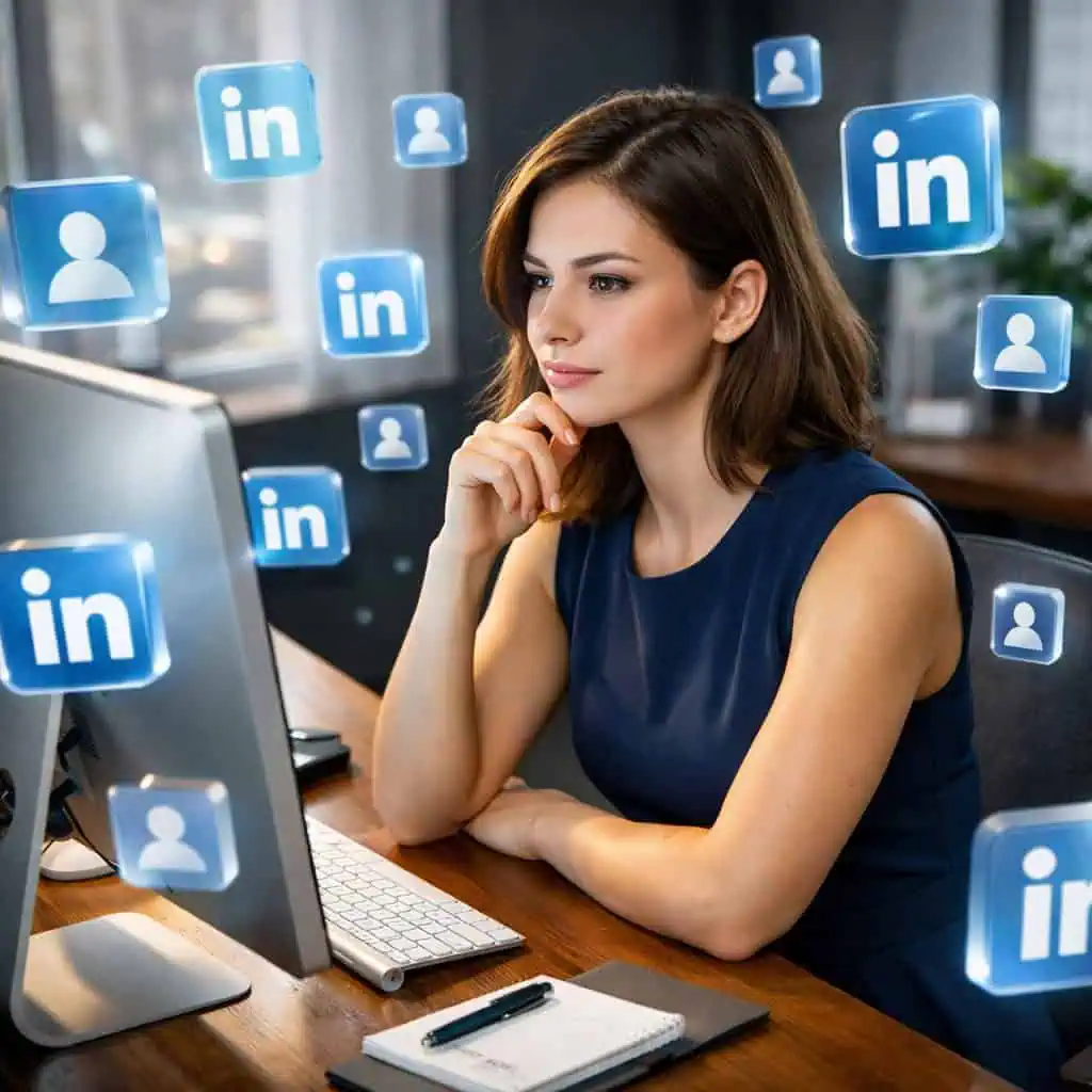Woman optimizing LinkedIn profile for professional branding and networking.