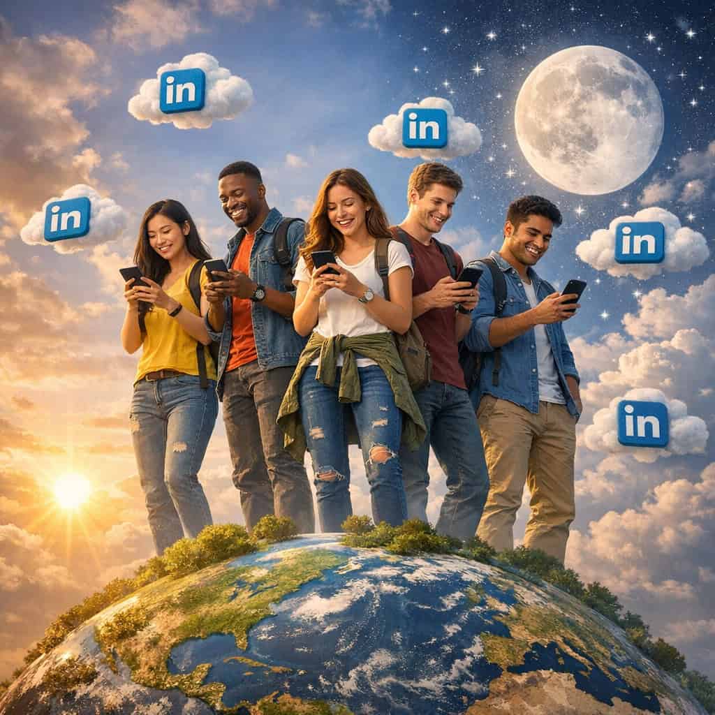 Group of diverse young adults using smartphones with LinkedIn icons, promoting professional networki.