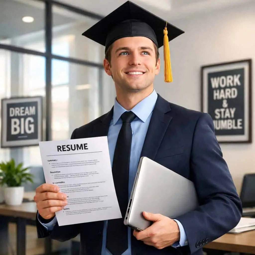 Graduate with a resume and laptop, showcasing confidence for PR and marketing careers.