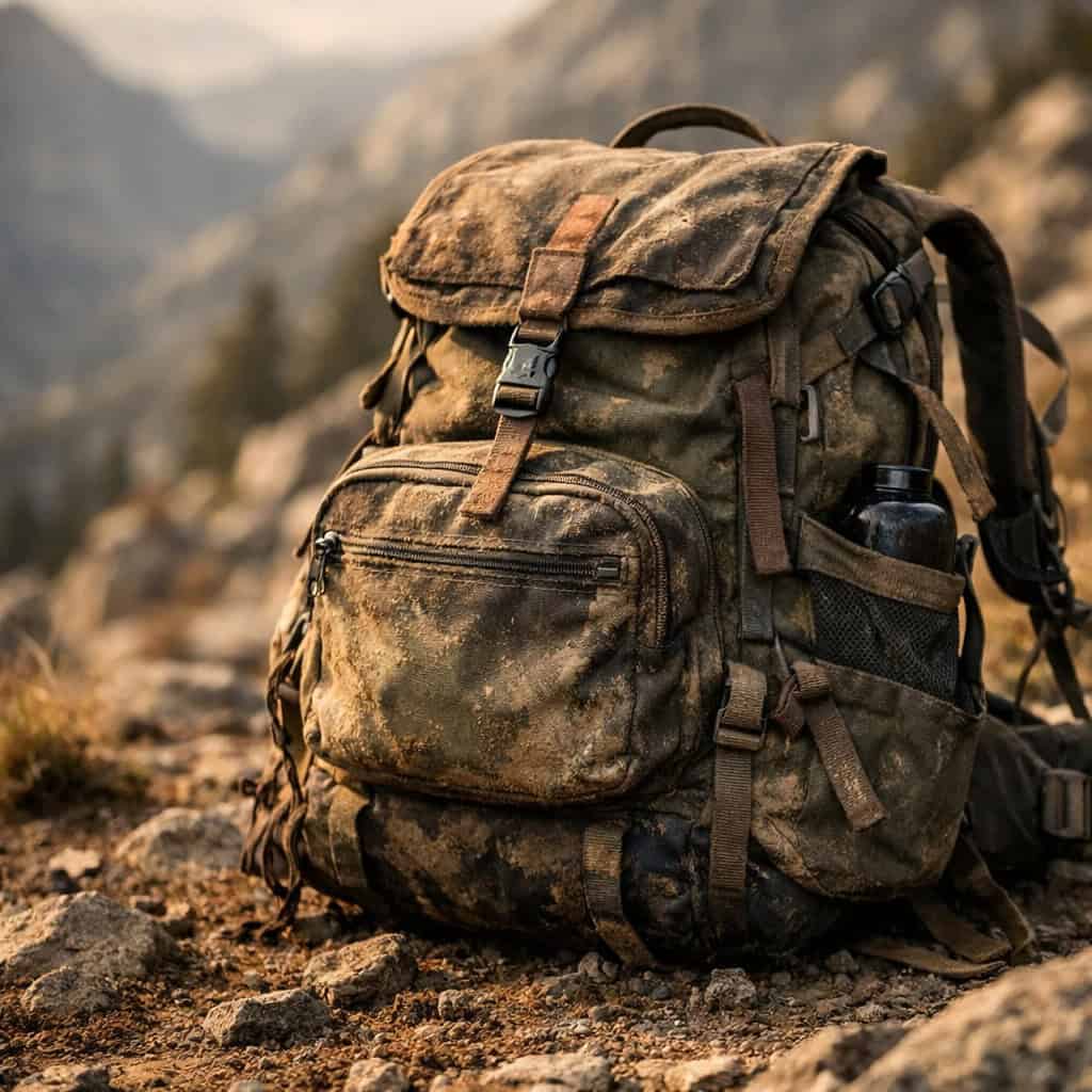 Backpack in rugged outdoor terrain for adventure travel and exploration.