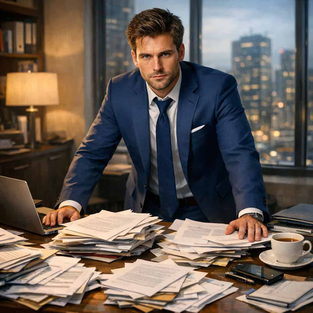 Business executive surrounded by cluttered desk with documents and papers.