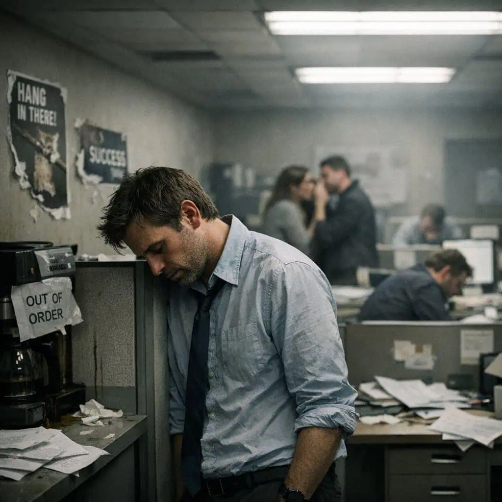 Employee feeling stressed in a cluttered, toxic office environment.