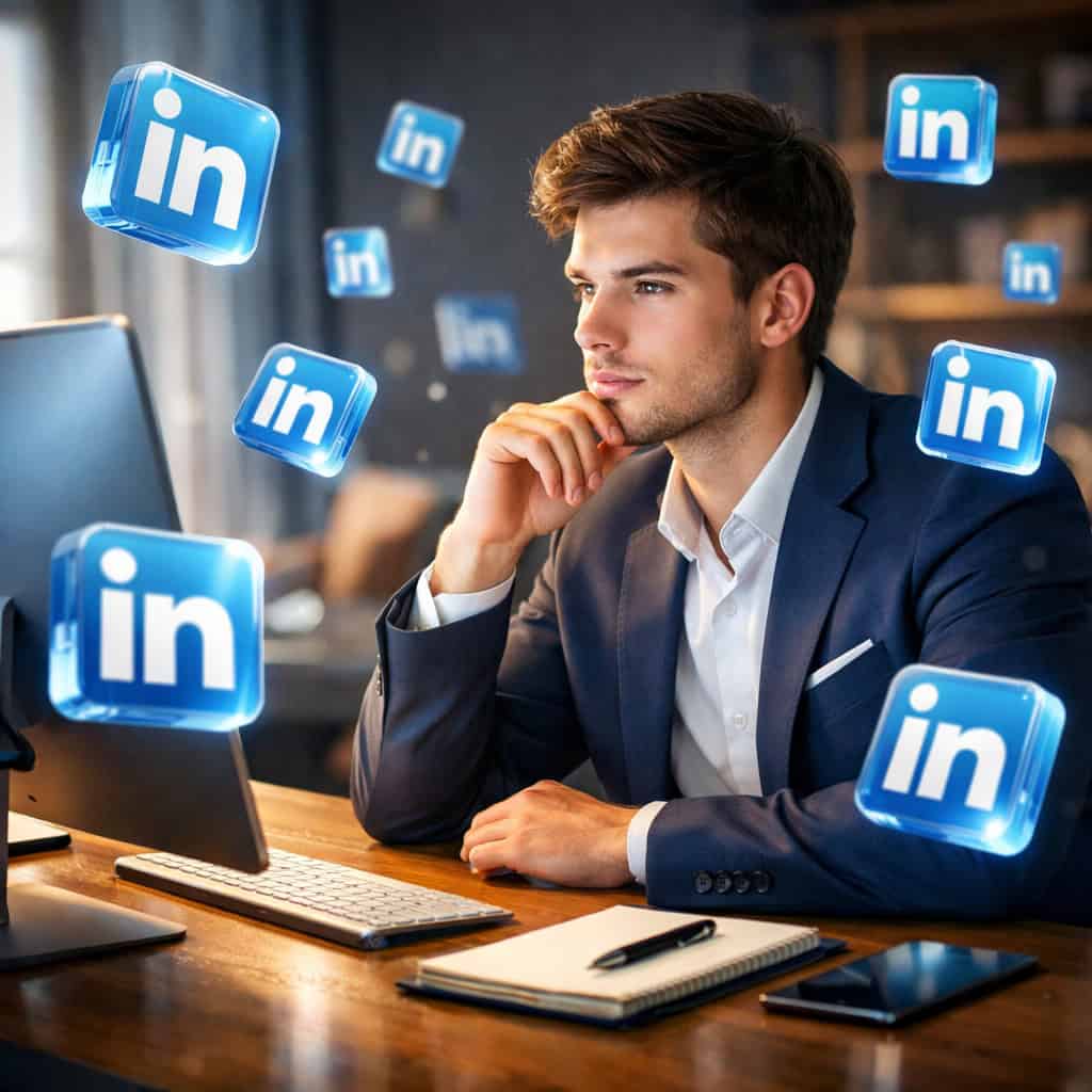 Young professional optimizing LinkedIn profile for networking success.