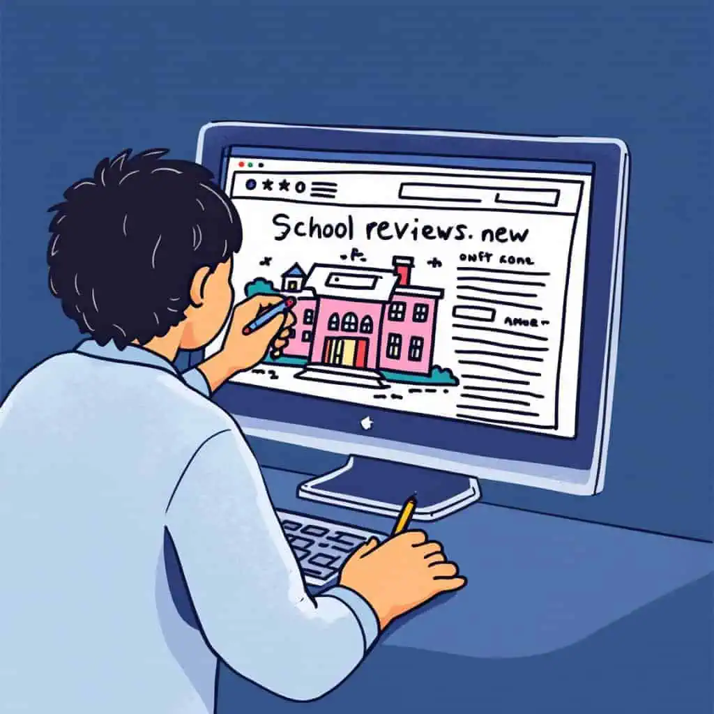 Student reviewing school on computer for school review websites.