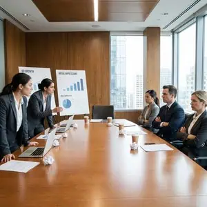 Business professionals discussing media impressions and growth strategies in a corporate meeting.