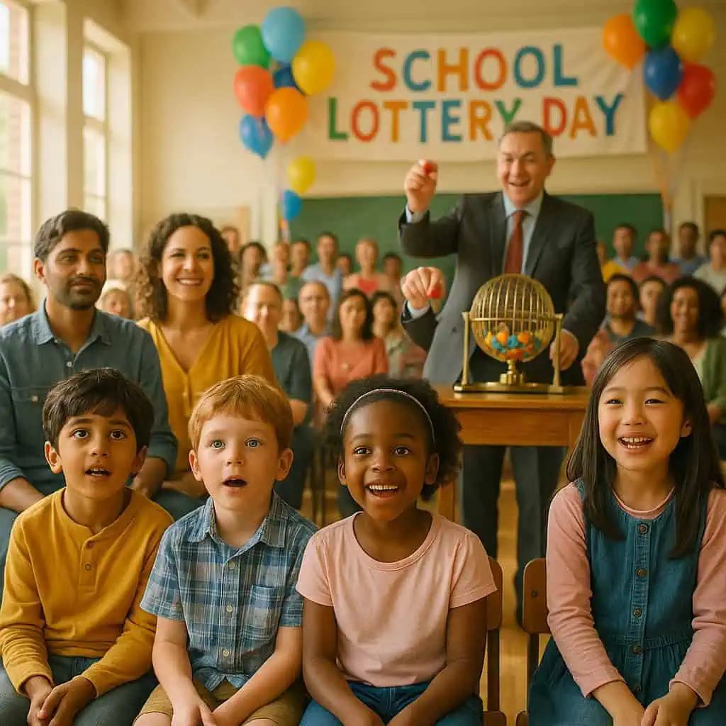 Children celebrating school lottery day with diverse students and a teacher in classroom.