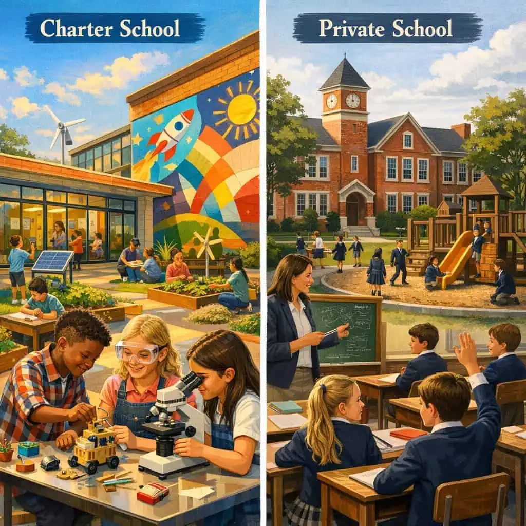 Comparison of charter and private schools highlighting educational differences.