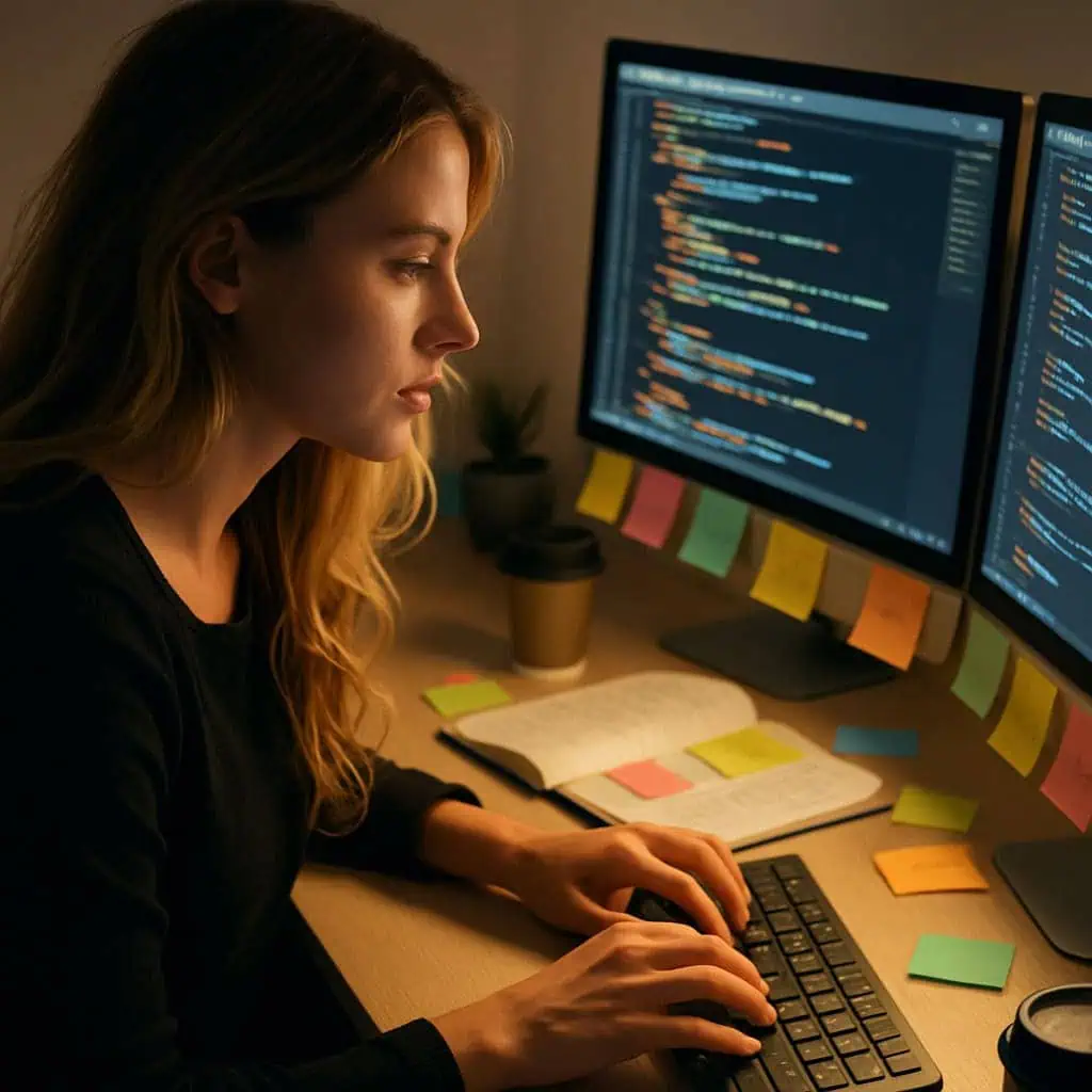 Woman coding at dual monitors with sticky notes, representing AI skills in marketing.