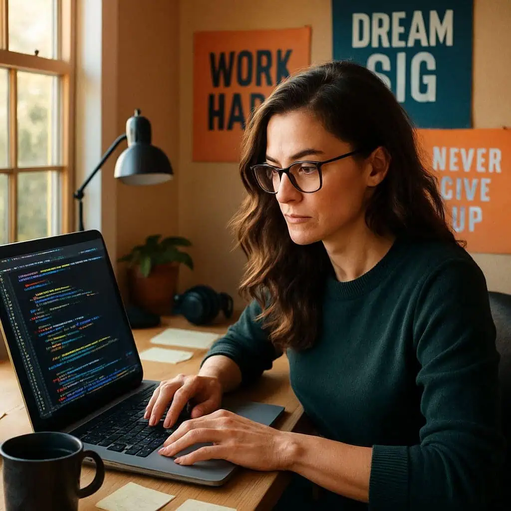 Woman working on coding at home with motivational posters in background.