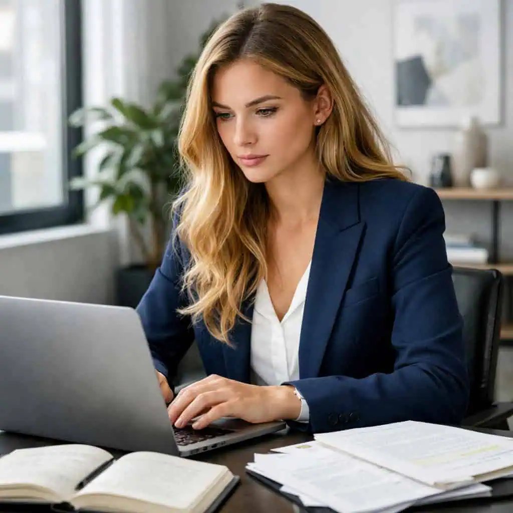Businesswoman planning campaign timelines on laptop in office.