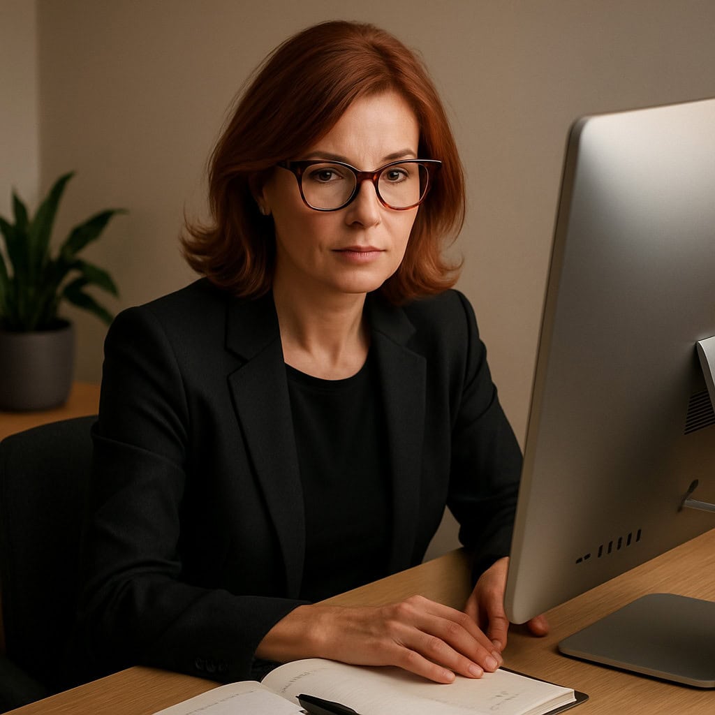 auburn-haired female executive in her 40s at her computer