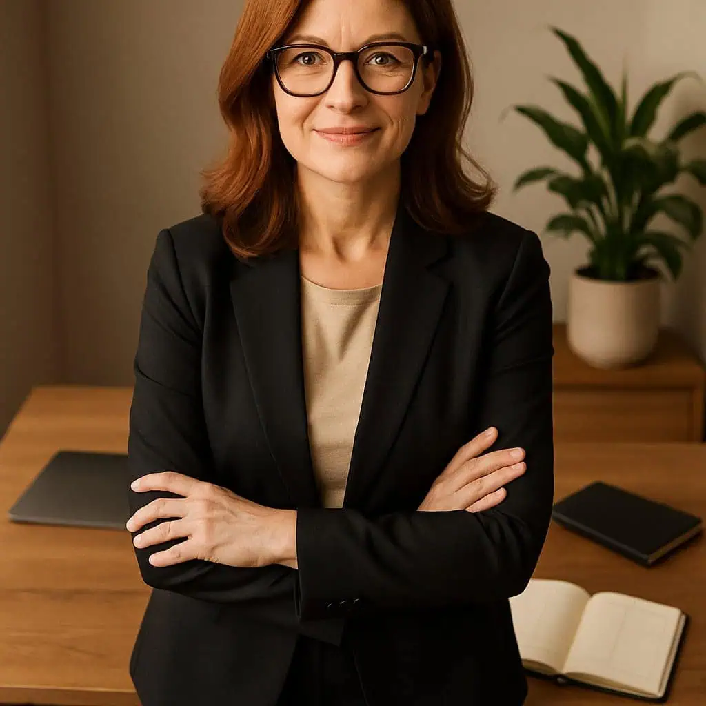 reddish-haired female executive on the phone in her office